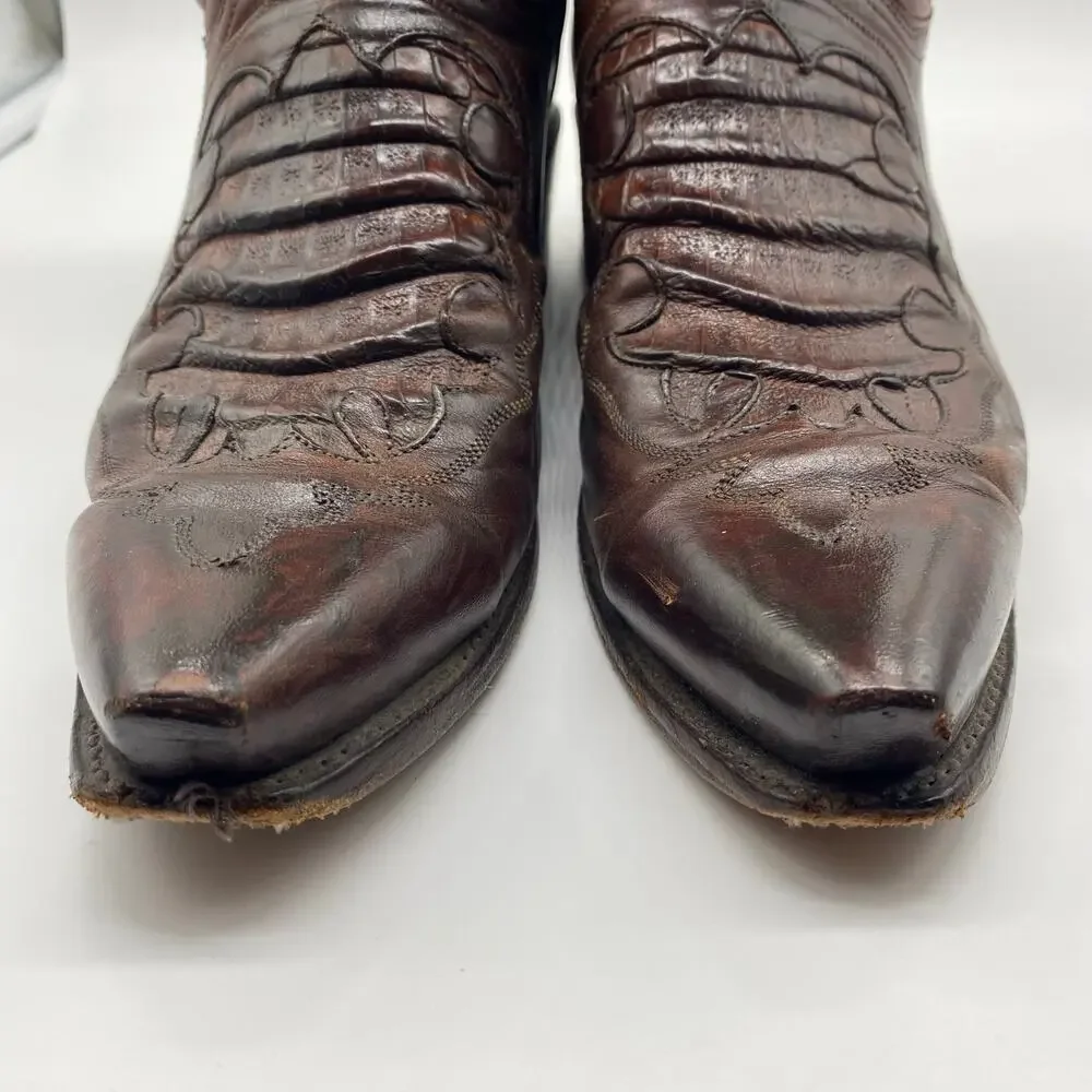 1883 Lucchese Brown Leather Caiman Inlay Snip Toe Cowboy Boots Embroider Men 8 D
